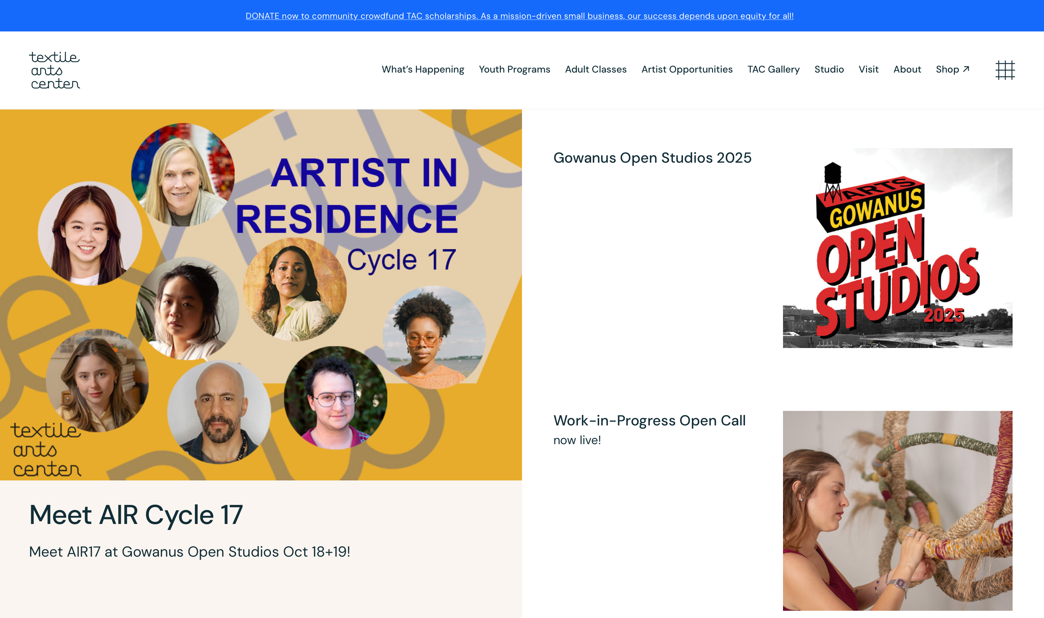 screenshot of the Textile Arts Center homepage