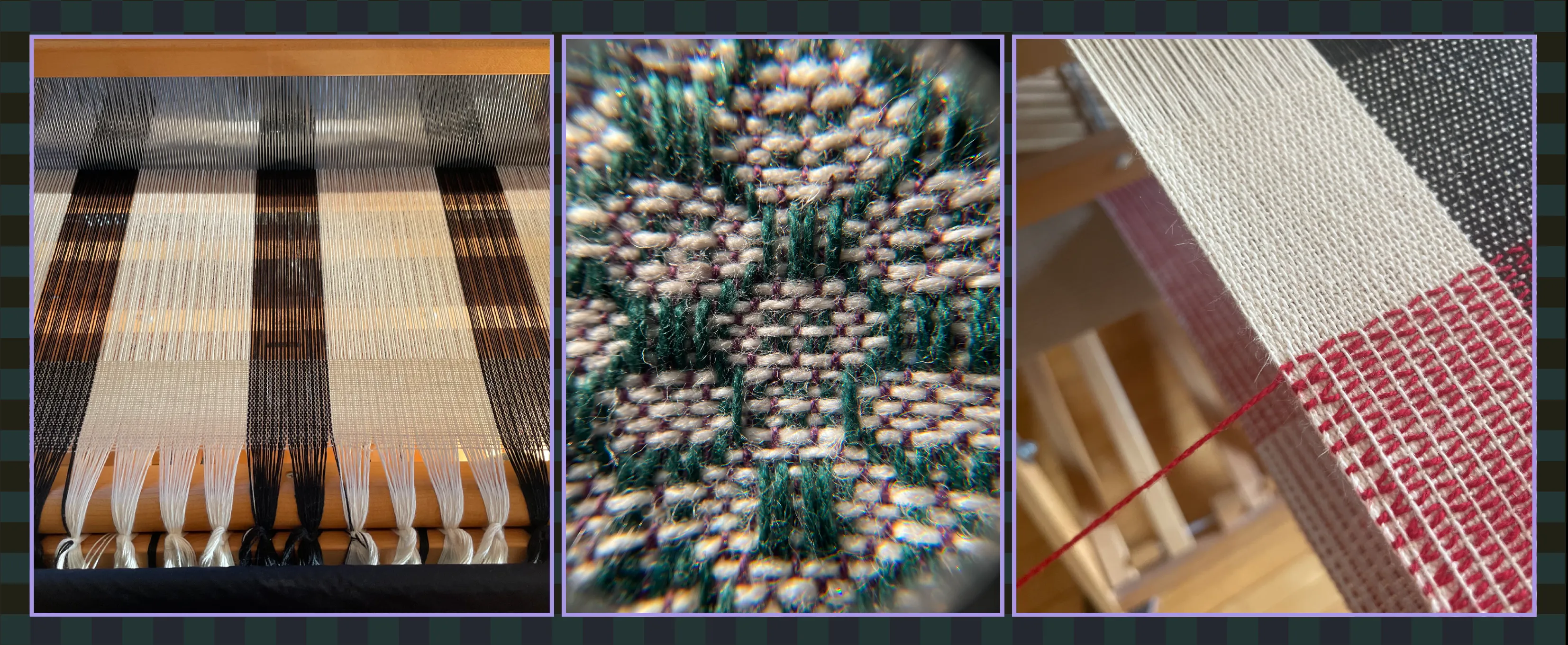 Close-up images of colorful textile weaving projects.