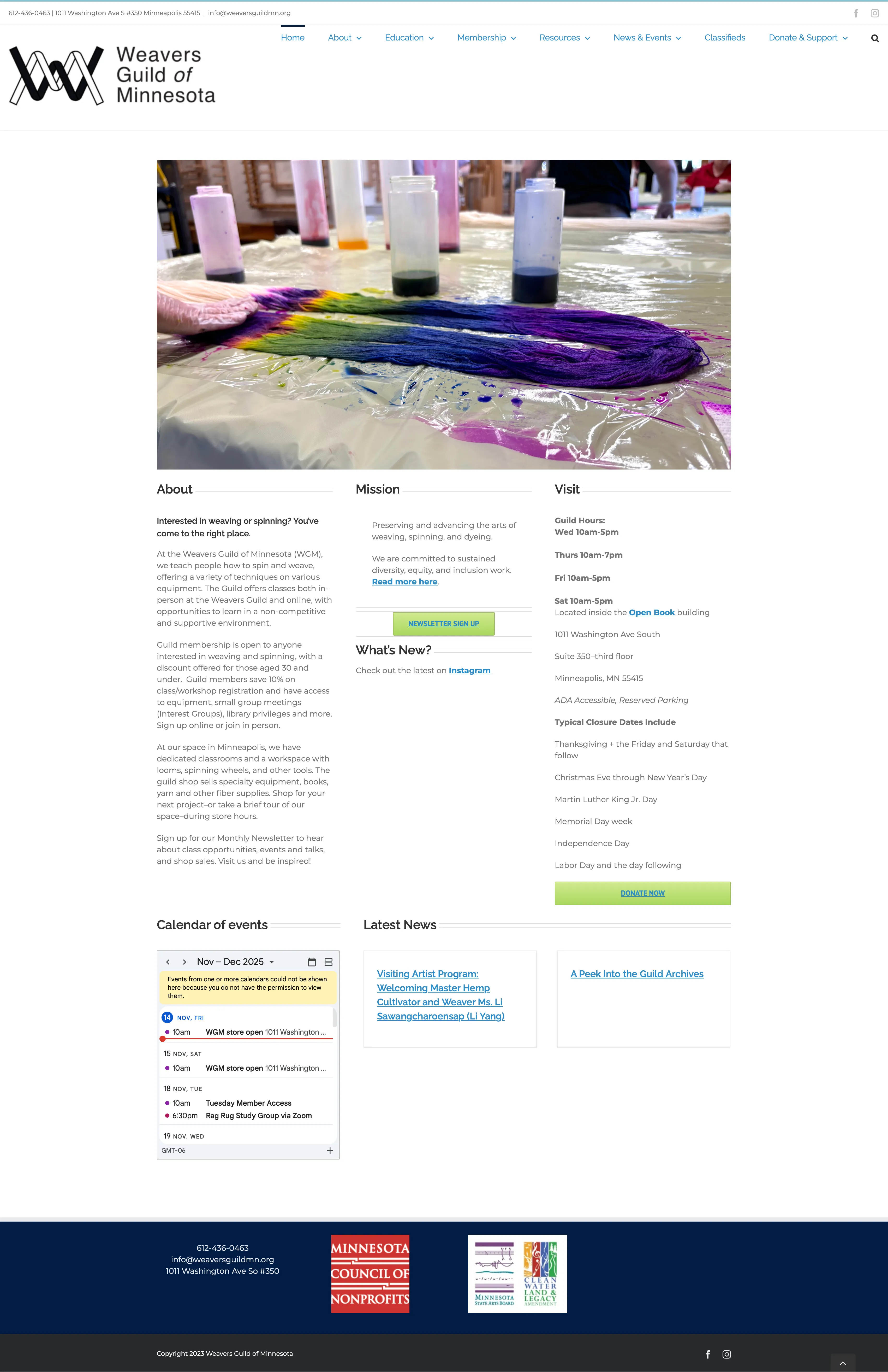 Screenshot of the Weavers Guild of Minnesota homepage, November 2025.